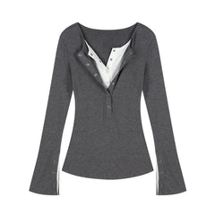 Solid Color Fake Two Pieces Long Sleeve Tee