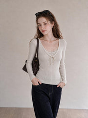 Lace Trim Faux Two-Piece Slimming Long-Sleeve Knit Top