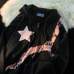 Star Letter Print Patchwork Oversized Hoodie - fairypeony
