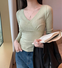 Lace Trim V Neck Slim Long Sleeve Knit Tee