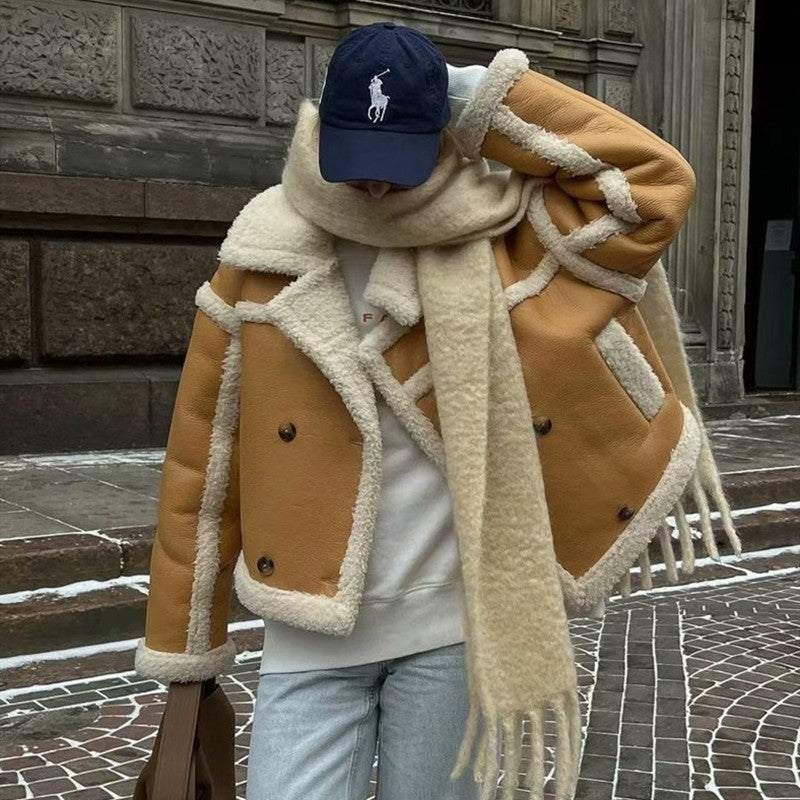 Lambswool Leather Splice Short Jacket - fairypeony