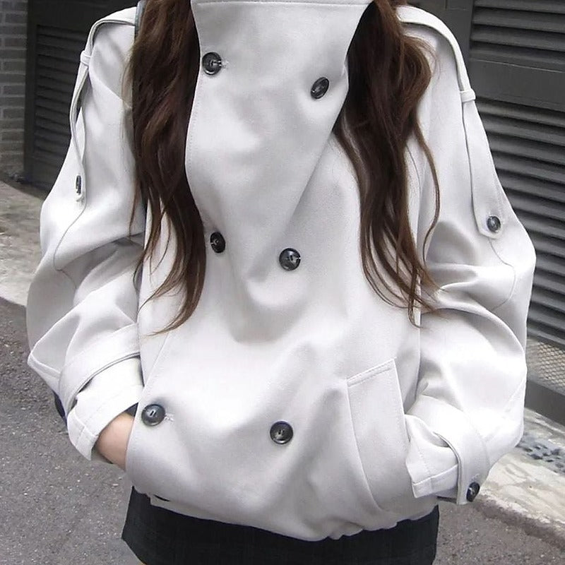 Stand collar double-button short coat in light gray, front view