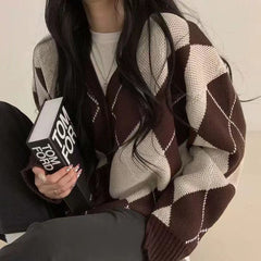 Argyle Print Oversized Preppy Cardigan