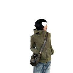 2000s Distressed Cropped Zip-Up Hoodie – Army Green