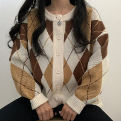 Vintage Argyle Print Oversized Cardigan