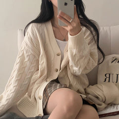 Solid Color V-Neck Loose Cable Knit Cardigan