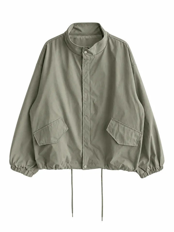 Retro stand collar oversized short trench jacket in army green, product shot