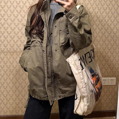 Retro Loose Stand Collar Jacket – 95% Cotton Work Jacket in Brown Green