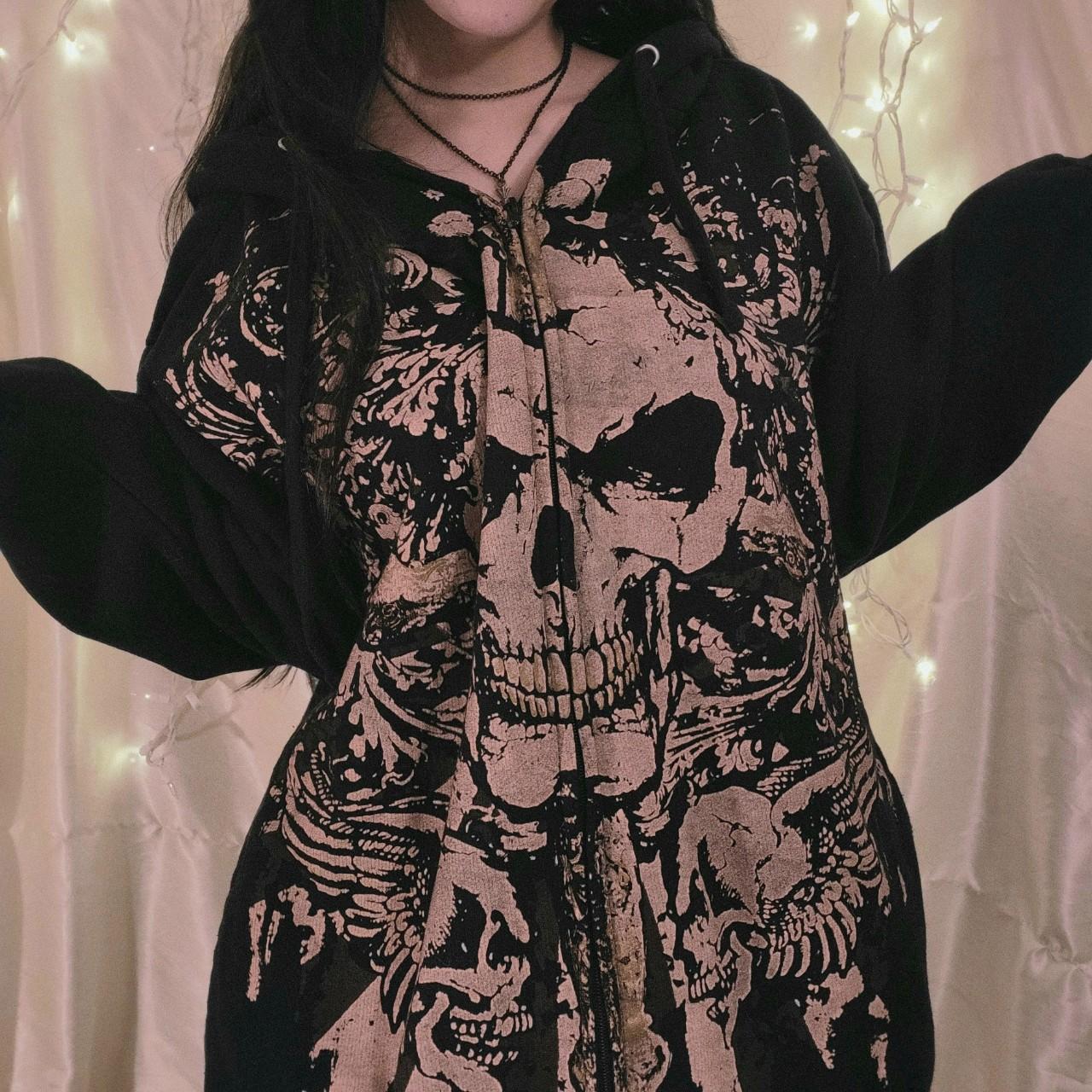 Skull Print Zip Up Oversized Hoodie - fairypeony