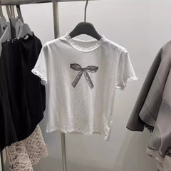 Lace Trim Bow Print Short Sleeve Tee