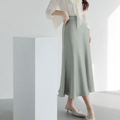 Solid Color Mid Length Satin Skirt