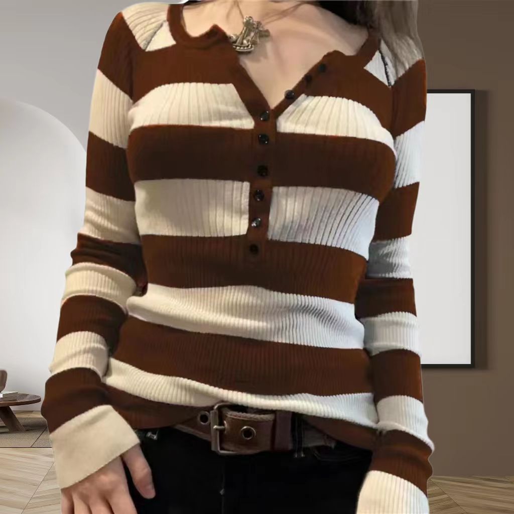 Striped Button Up Ribbed Knit Top - fairypeony