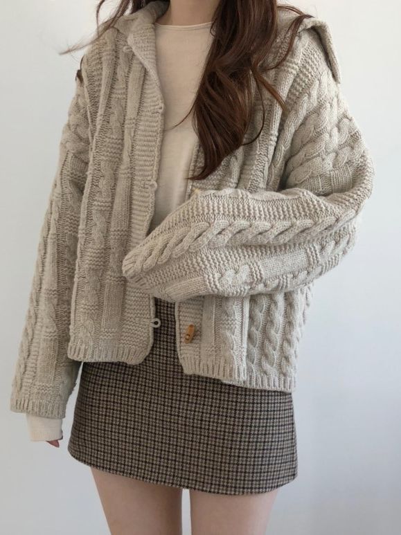 Solid Cable Knit Horn Buckle Hooded Cardigan - fairypeony