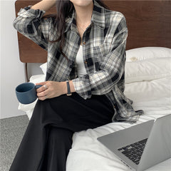 Vintage Oversized Plaid Long Sleeve Blouse