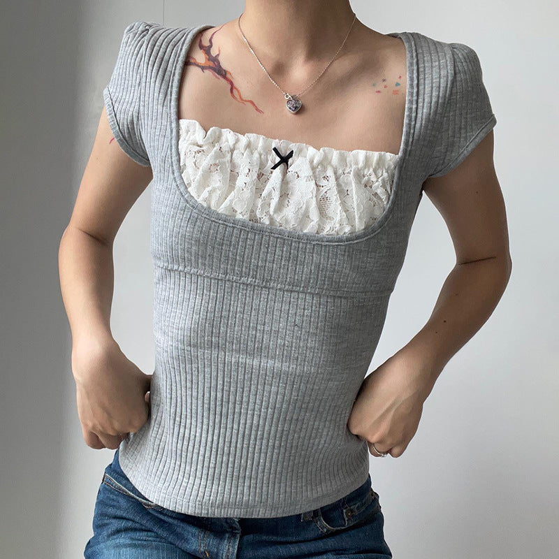 Square Collar Lace Bow Short Sleeve Rib Tee - fairypeony