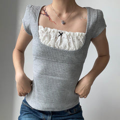 Square Collar Lace Bow Short Sleeve Rib Tee - fairypeony
