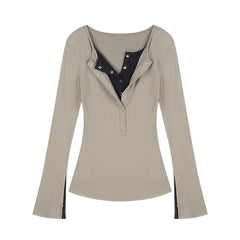 Solid Color Fake Two Pieces Long Sleeve Tee