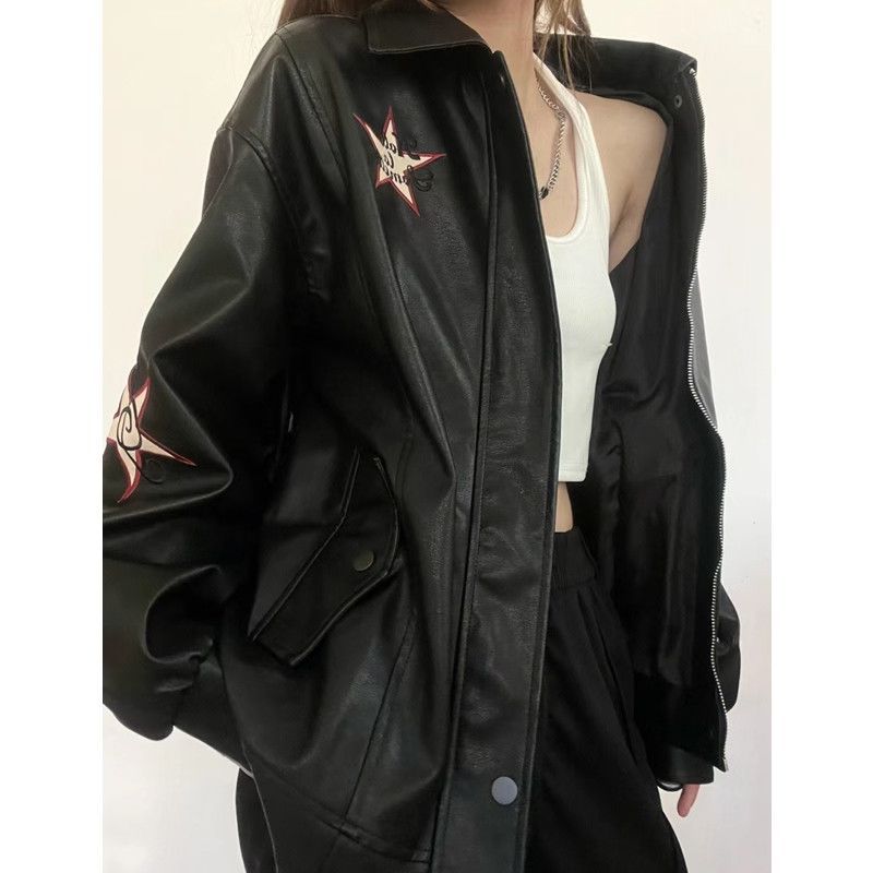 Vintage Embroidered Star Pu Leather Jacket - fairypeony