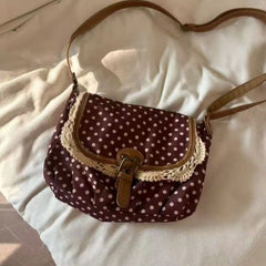 Retro Polka Dot Crossbody Bag with Lace Trim - fairypeony
