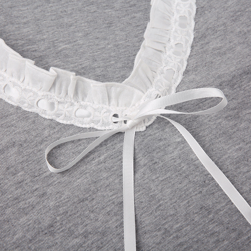 Lace Trim V-neck Bow Long Sleeve Tee - fairypeony