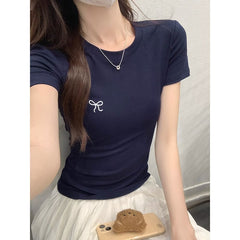 Embroidered Bow Slim Short Sleeve Tee