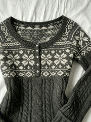2000s Fair Isle Cable Knit Round-Neck Button Cardigan