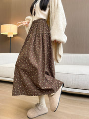 Floral Print Brushed Woolen Long Swing Skirt Midi Length
