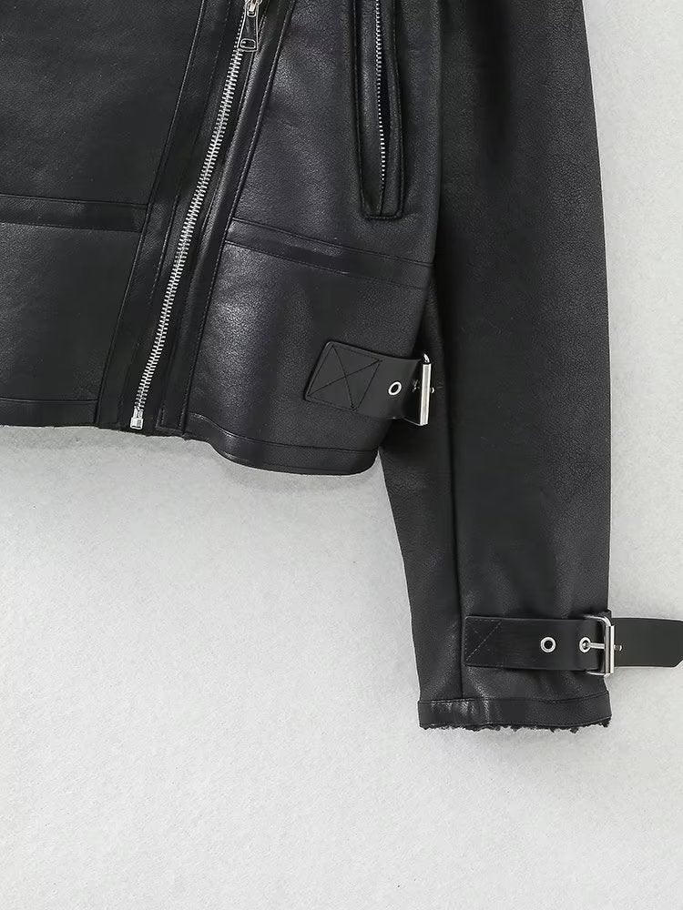 Lamb Wool Zip Up Pu Leather Jacket - fairypeony