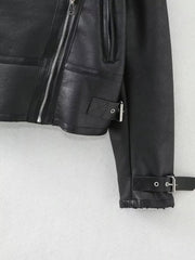 Lamb Wool Zip Up Pu Leather Jacket - fairypeony