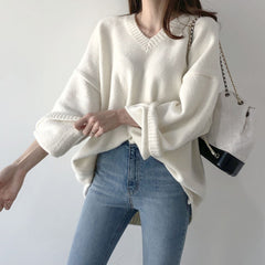 V-Neck Solid Color Loose Sweater