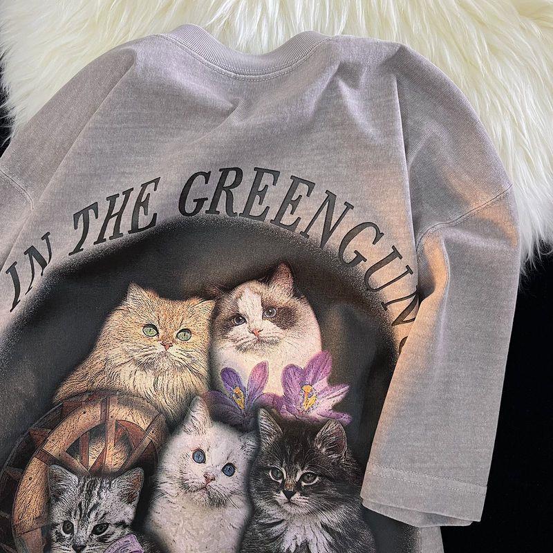 Vivid Cat Print Oversized Short Sleeve Tee - fairypeony