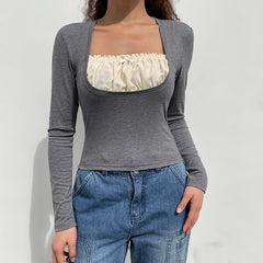 Solid Color Patchwork Long Sleeve Tee