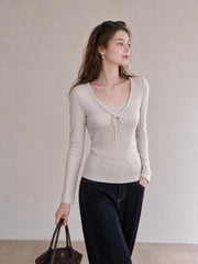 Lace Trim Faux Two-Piece Slimming Long-Sleeve Knit Top