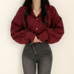 Solid Color Long sleeve Blouse - fairypeony