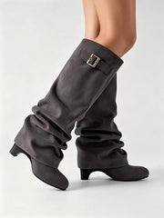 Retro Pleated Suede High-Top Riding Boots – Plush Lined Chunky Heel Ankle Boots