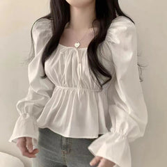 Solid Color Elastic Square Collar Puff Sleeve Blouse