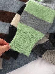 Korean version V-neck color-block striped loose knit sweater