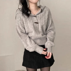 Cable Knit Horn Button Hooded Sweater