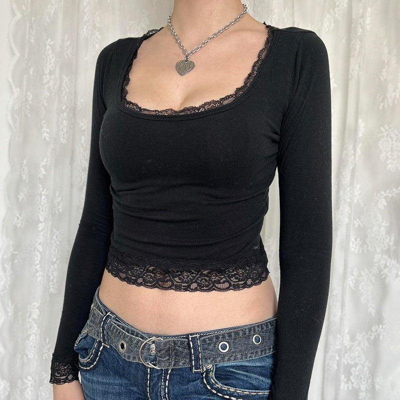 Lace Trim Splice Square Neck Crop Long Sleeve Tee - fairypeony