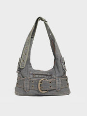 Retro washed denim shoulder bag in denim blue, front view