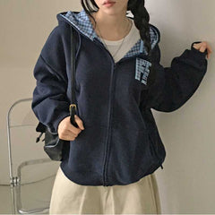 Vintage Plaid Oversized Zip Up Hoodie