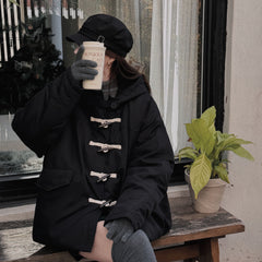 Winter cow horn button insulated hooded cotton coat