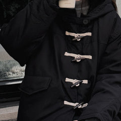 Cow Horn Button Insulated Hooded Cotton Coat – Padded Toggle Winter Jacket in 2 Colours