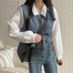 Polo Collar Patchwork Long Sleeve Blouse