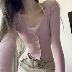 Lace Trim Knit Long Sleeve Button Crop Top - fairypeony
