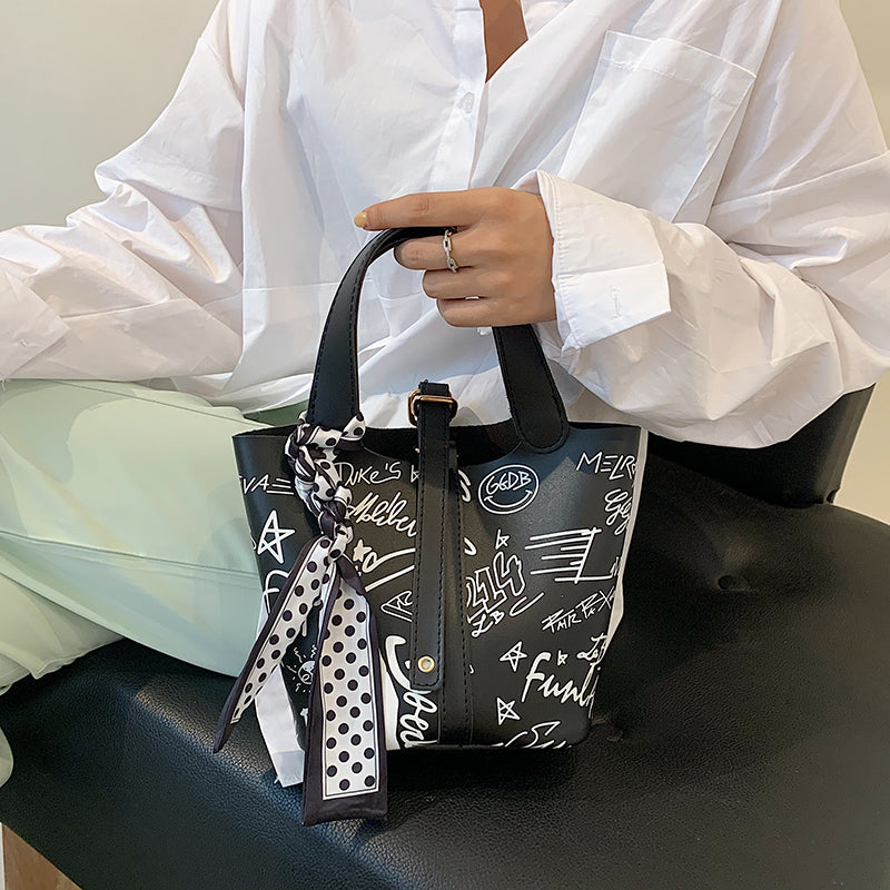 Cartoon Print Silk Scarf Bucket Bag, , women clothing, cartoon-print-silk-scarf-bucket-bag, , fairypeony