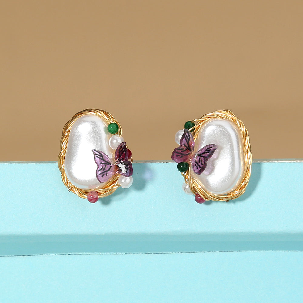 Pure Hand-made Copper Wire-wound Pearl Butterfly Earrings, , women clothing, pure-hand-made-copper-wire-wound-pearl-butterfly-earrings, , fairypeony