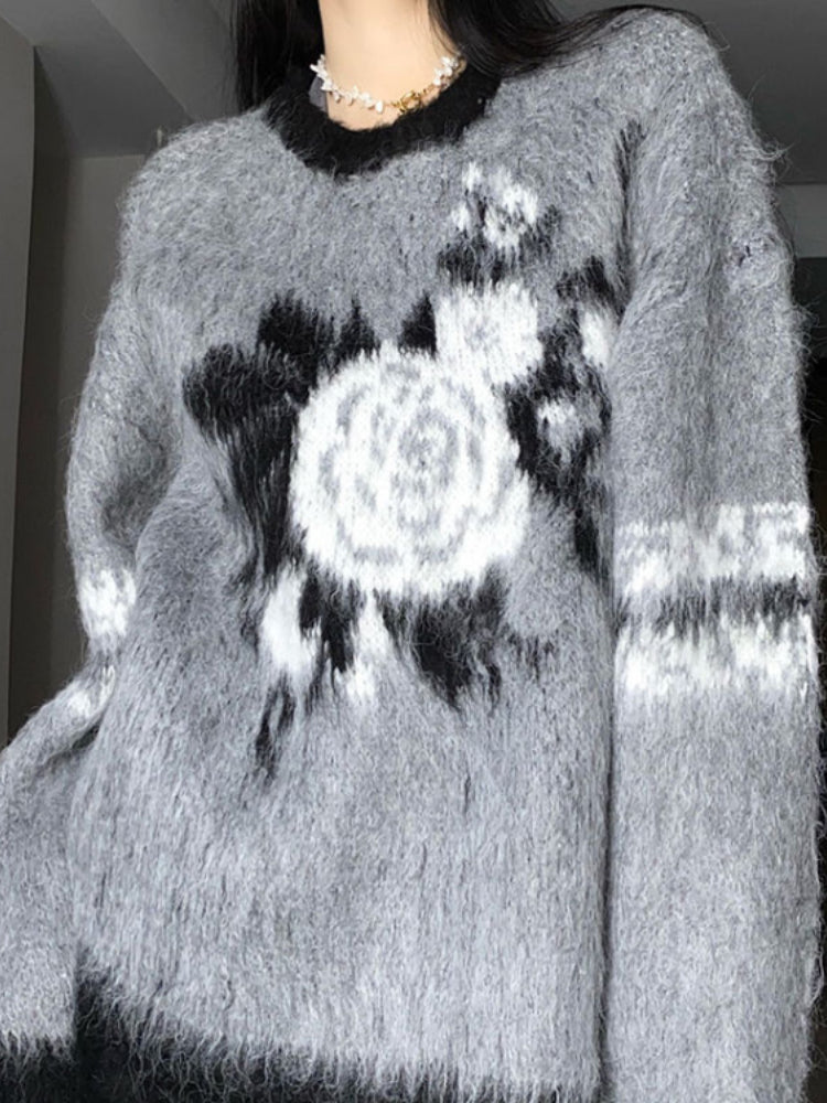 Vintage Jacquard Fuzzy Knit Sweater - fairypeony