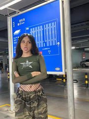 Star Print Long Sleeve Crop Top - fairypeony