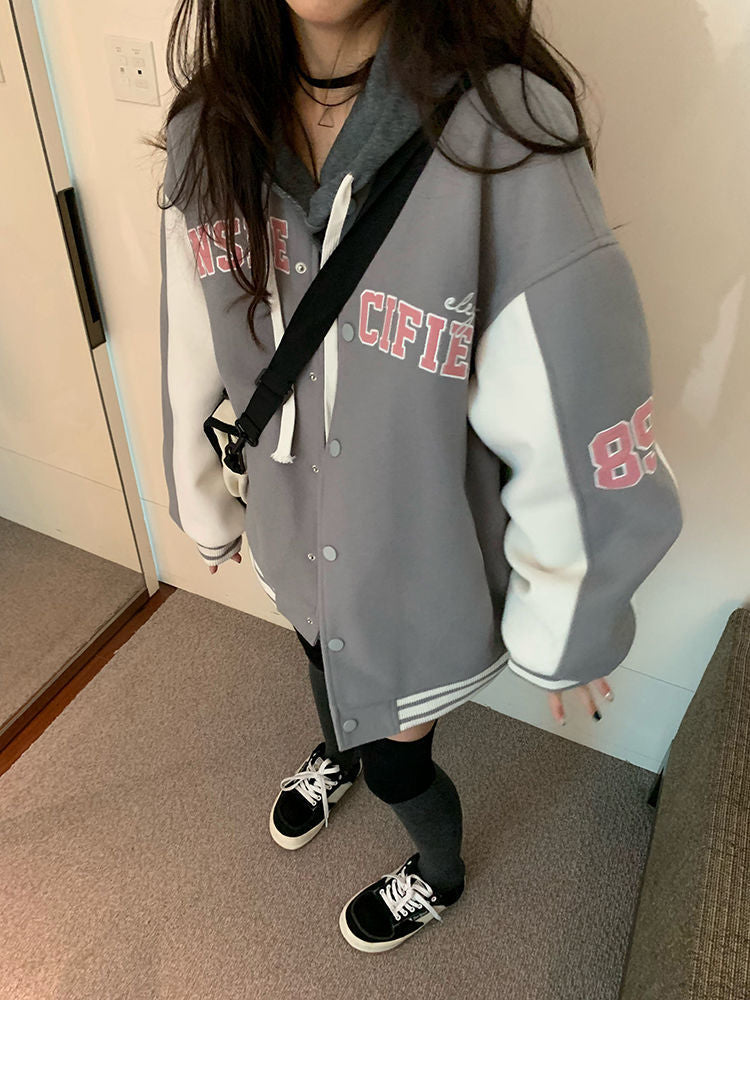 Logo Embroidery Vintage Padded Varsity Jacket - fairypeony